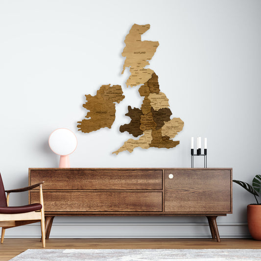 wooden map of the United Kingdom and Ireland 