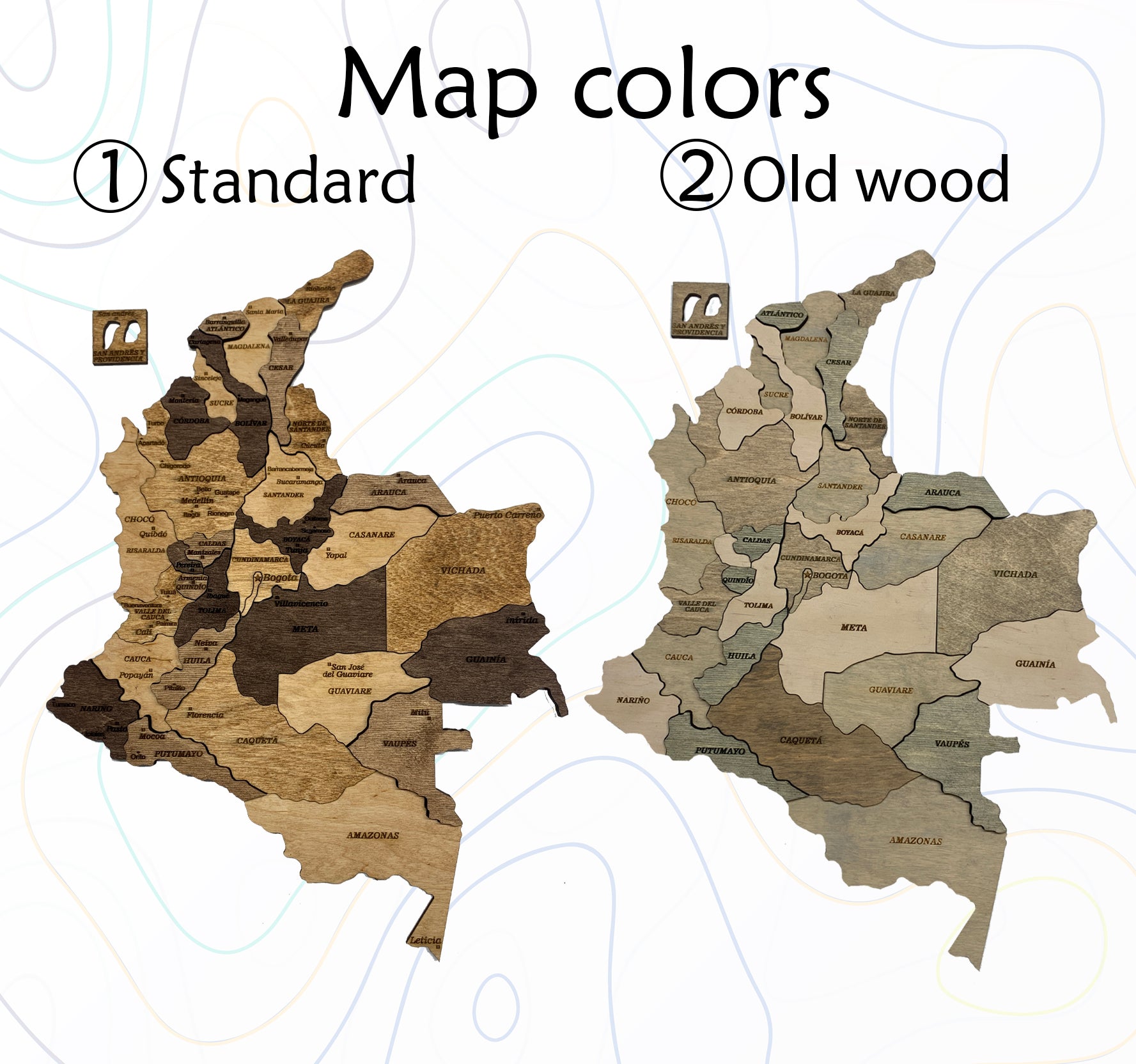 Wooden Map of Colombia colors