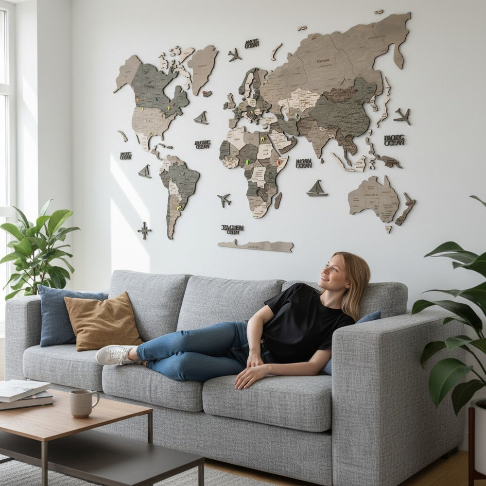 3D Wooden World Map for Wall