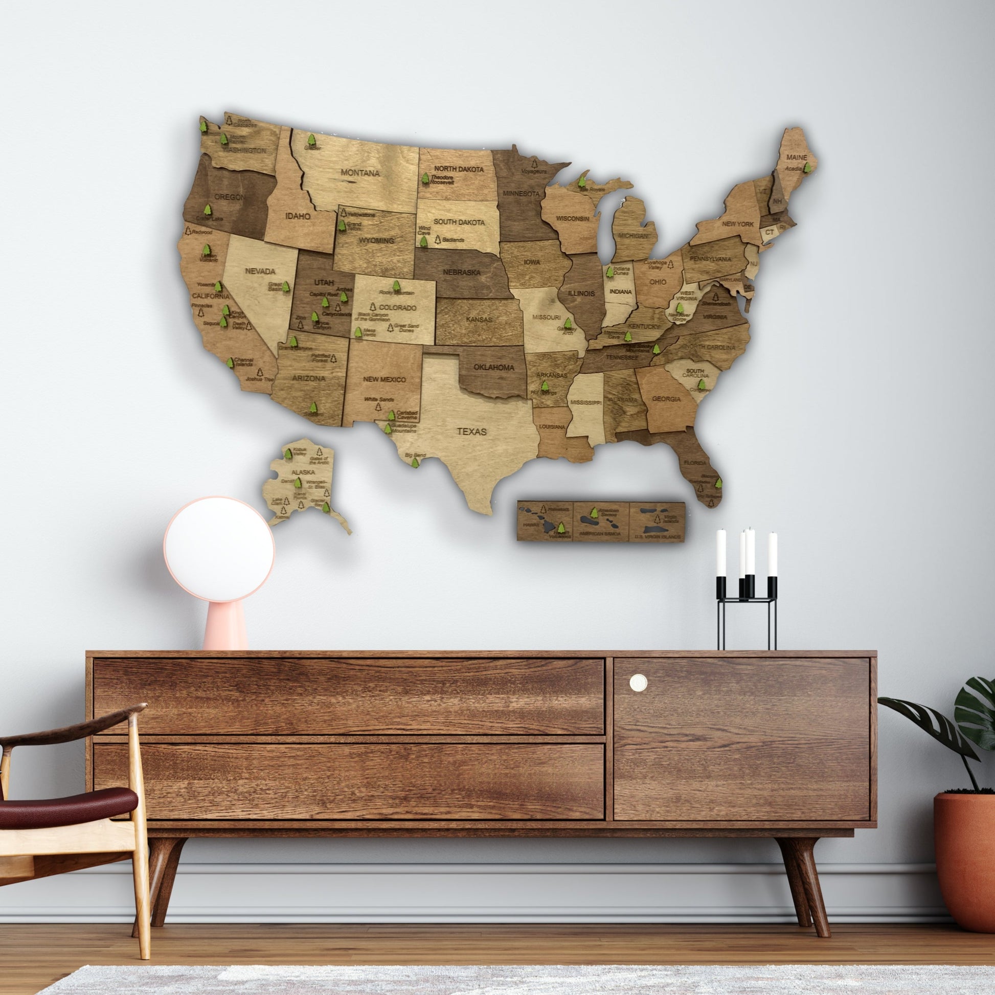 National Parks Wooden US Map