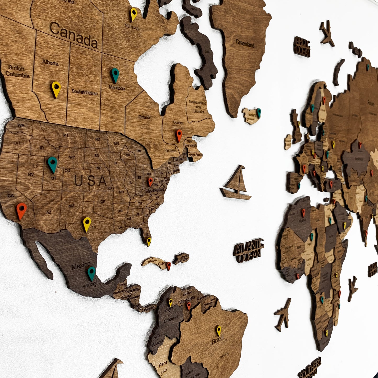 3D Wooden World Map Multicolor