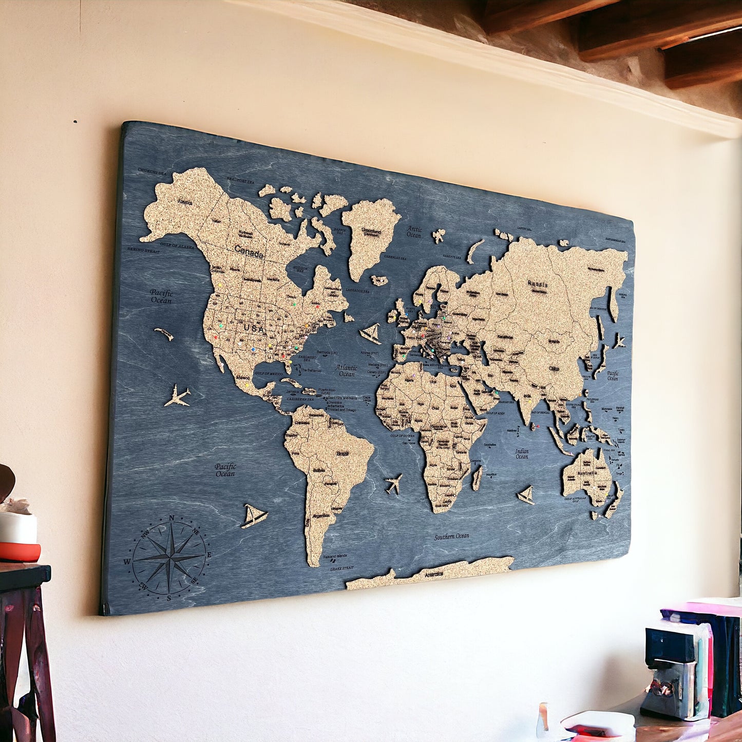 3D Wooden World Map with Oceans