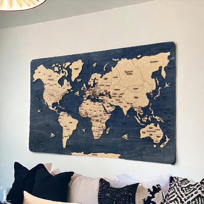 Wooden World Map with Oceans