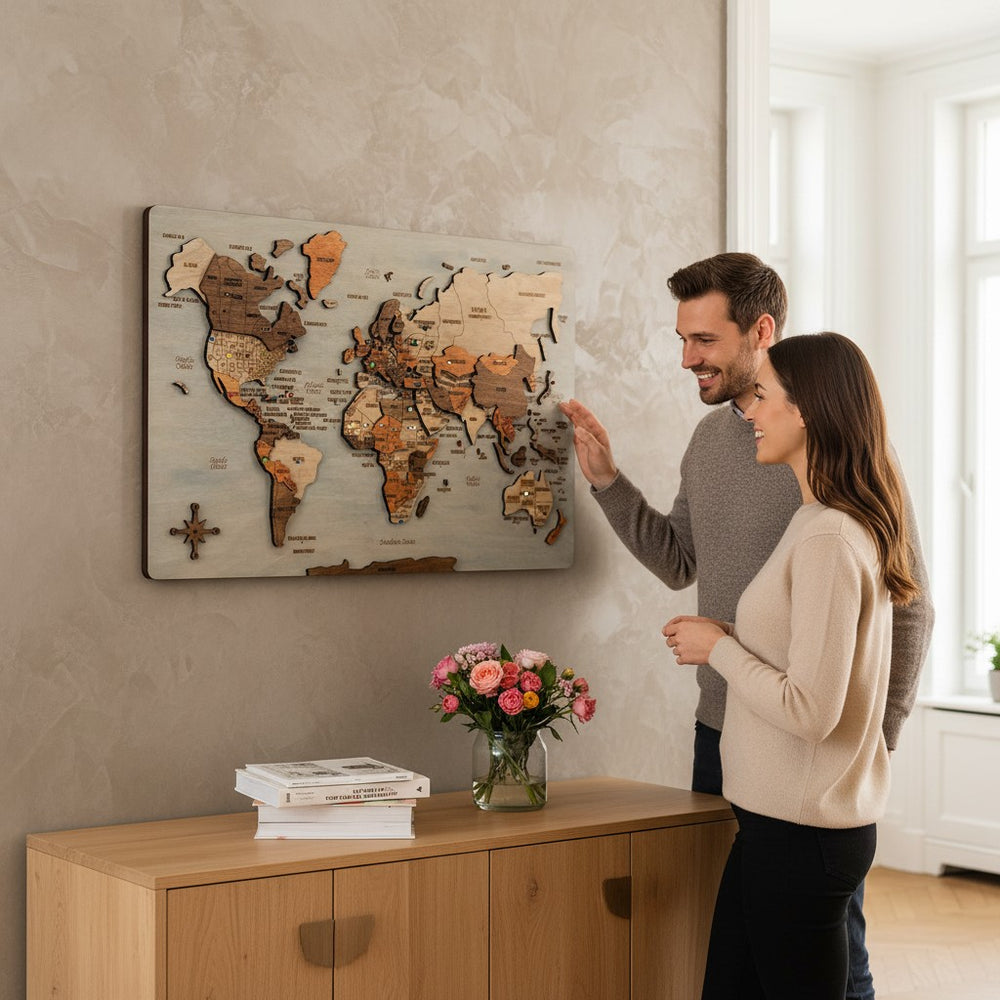 Push pin world map wall art