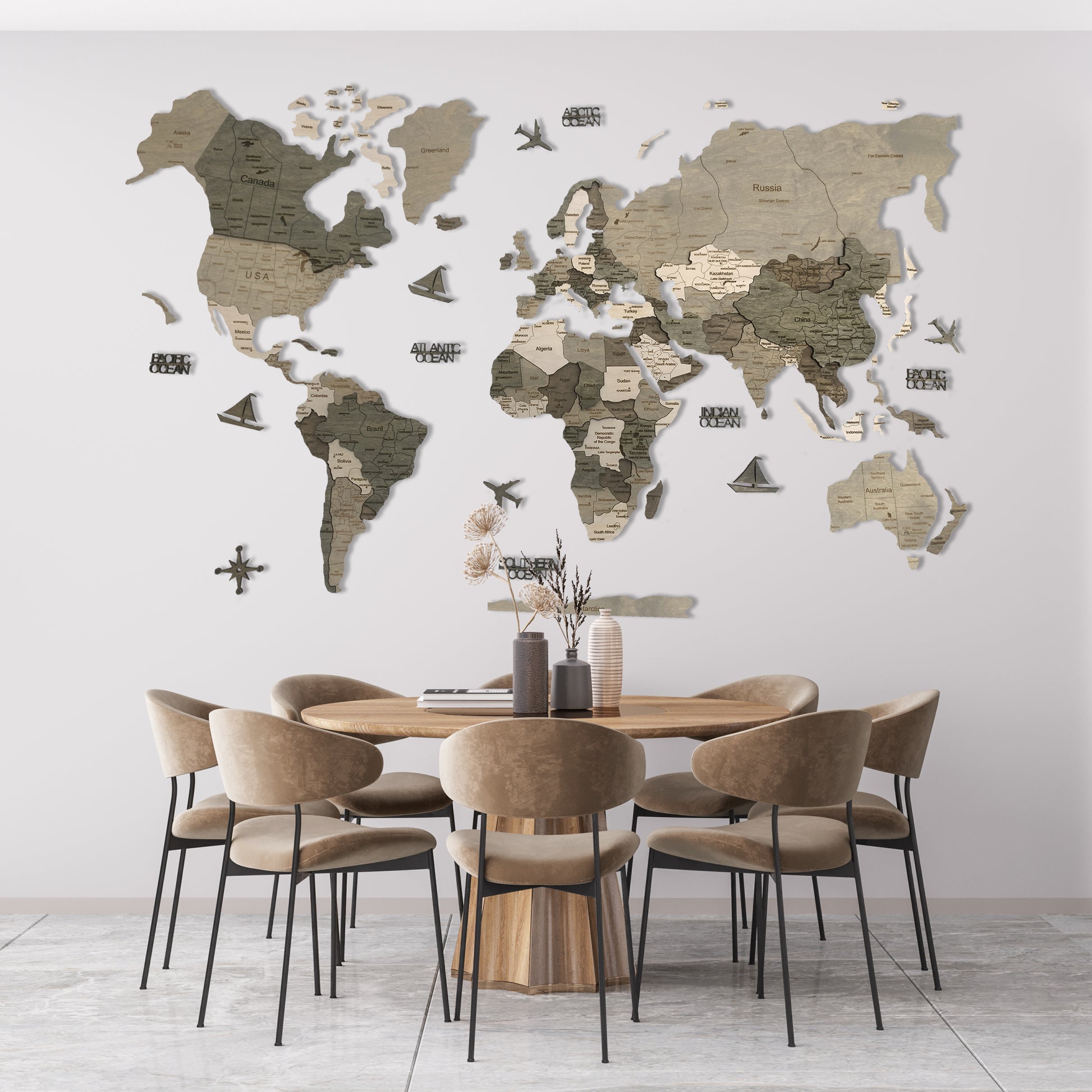 Grey Wooden World Map for Wall