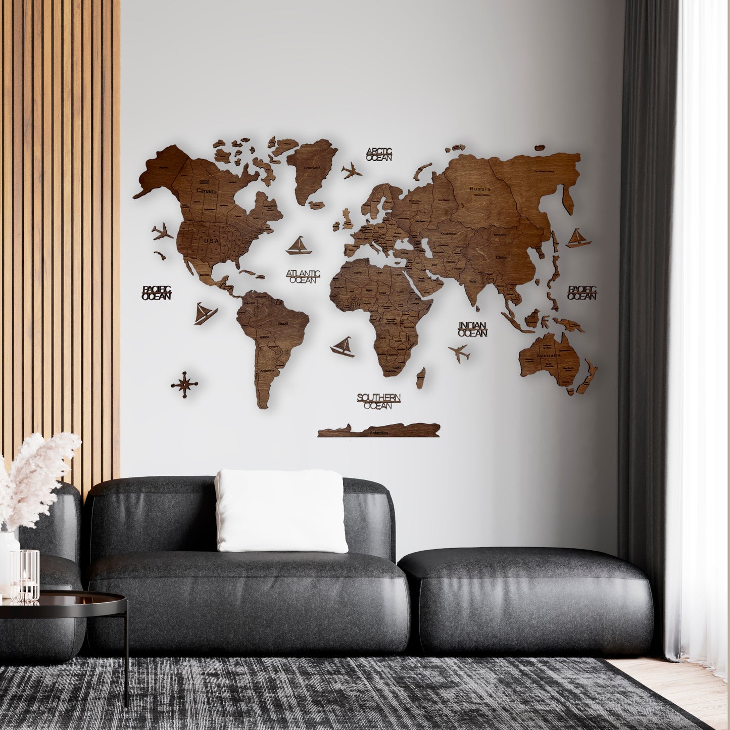 Wooden World Map 2D with Oceans