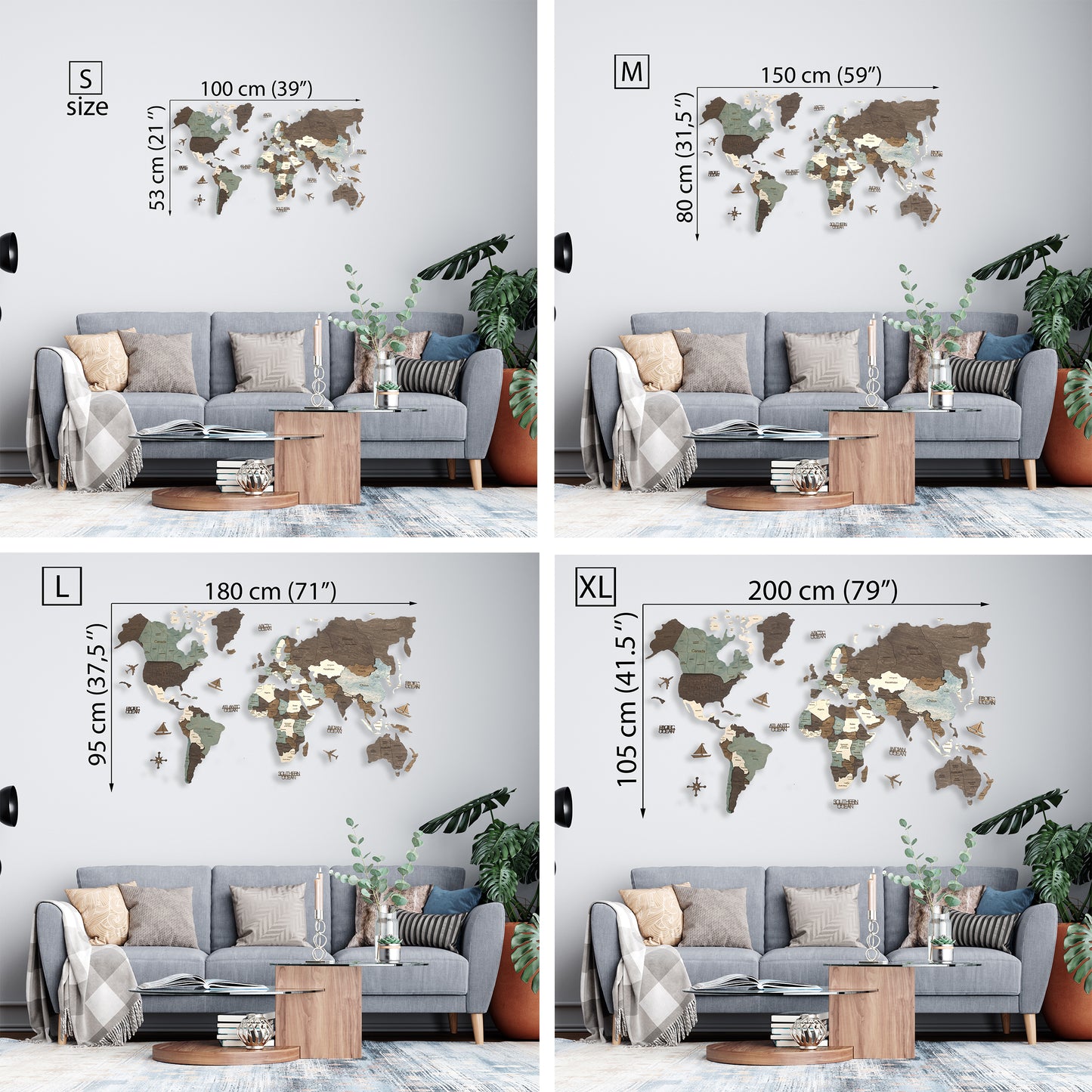 Wooden Multicolor Map sizes