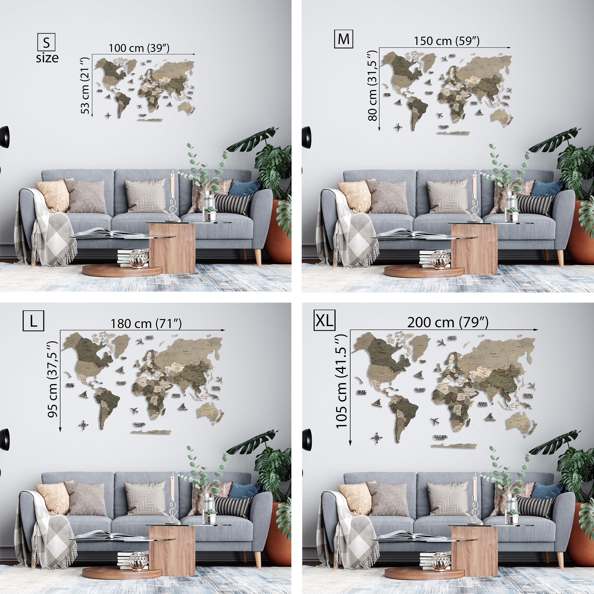 Wooden World Map for Wall sizes