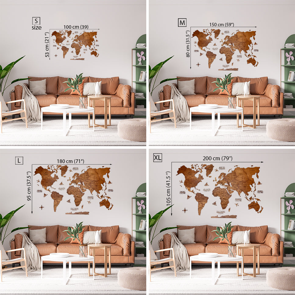 Wooden World Map 2D sizes