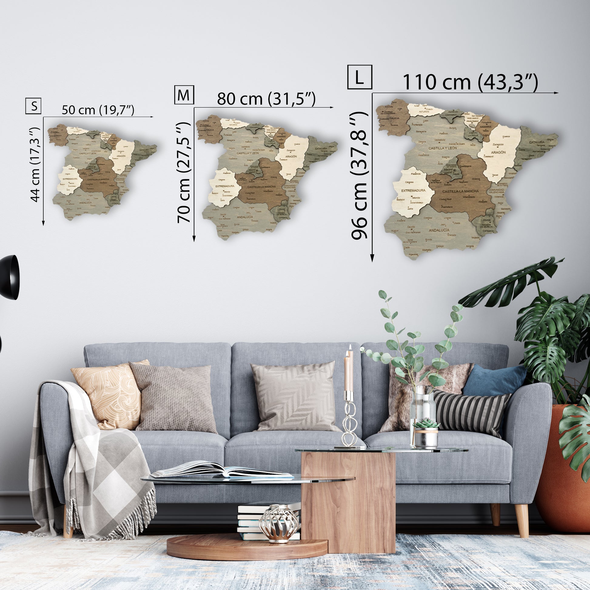 Wooden Map of Spain sizes