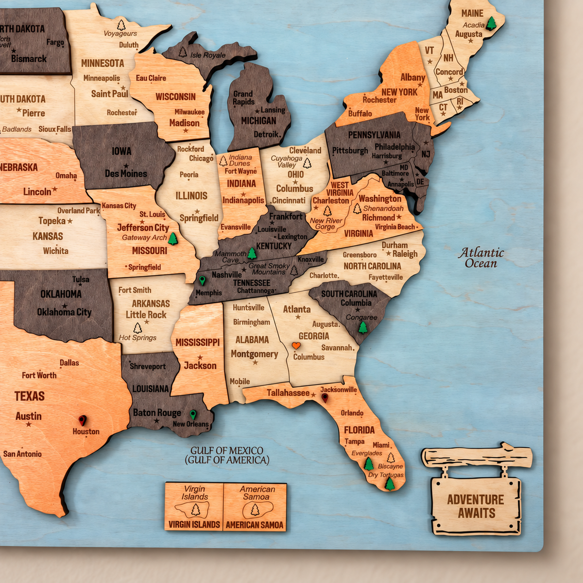3D Wooden National Parks Map Wall Art