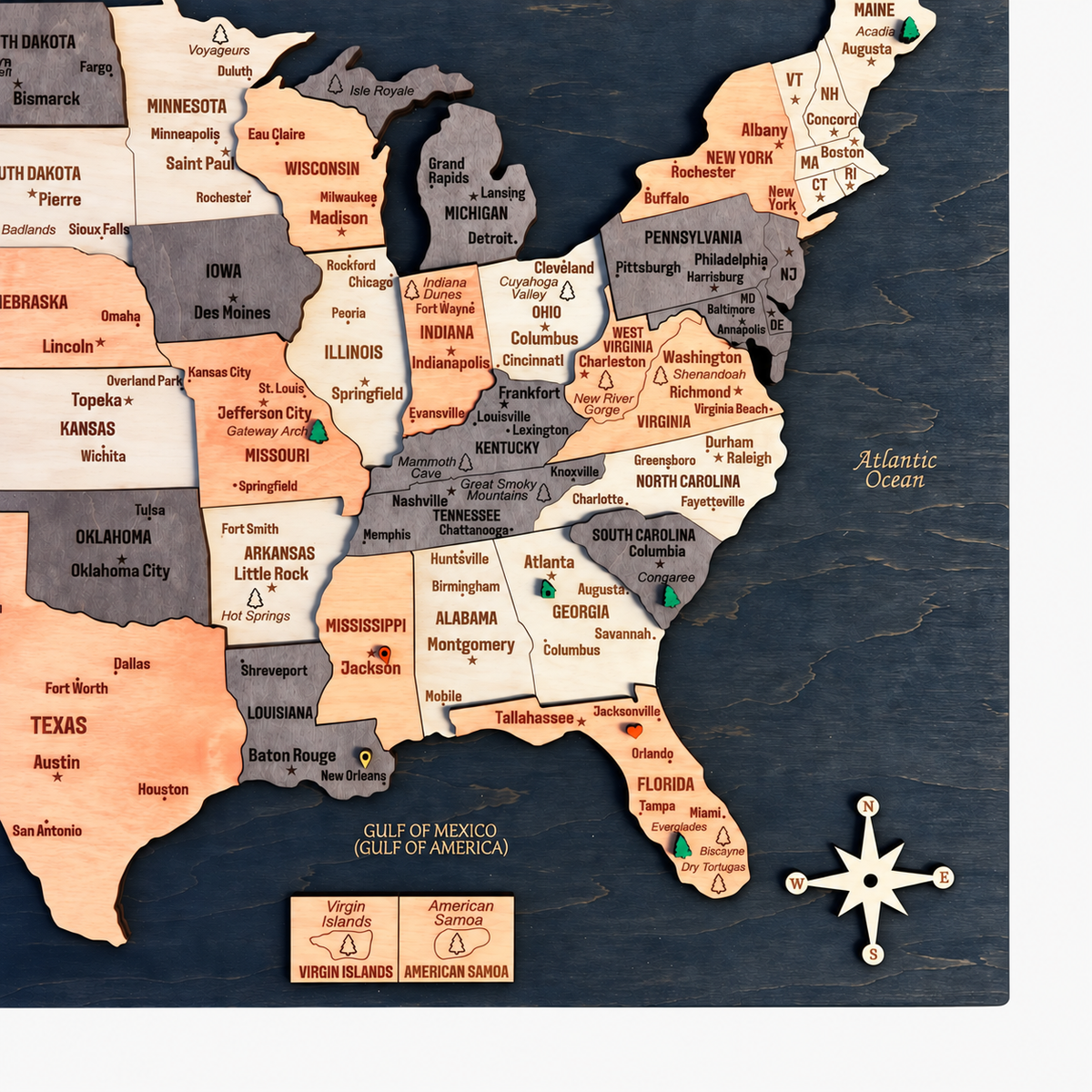 3D Wooden National Parks Map Wall Art