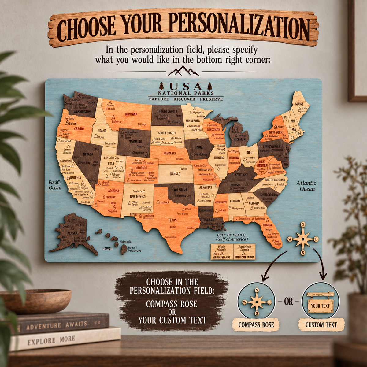 3D Wooden National Parks Map Wall Art