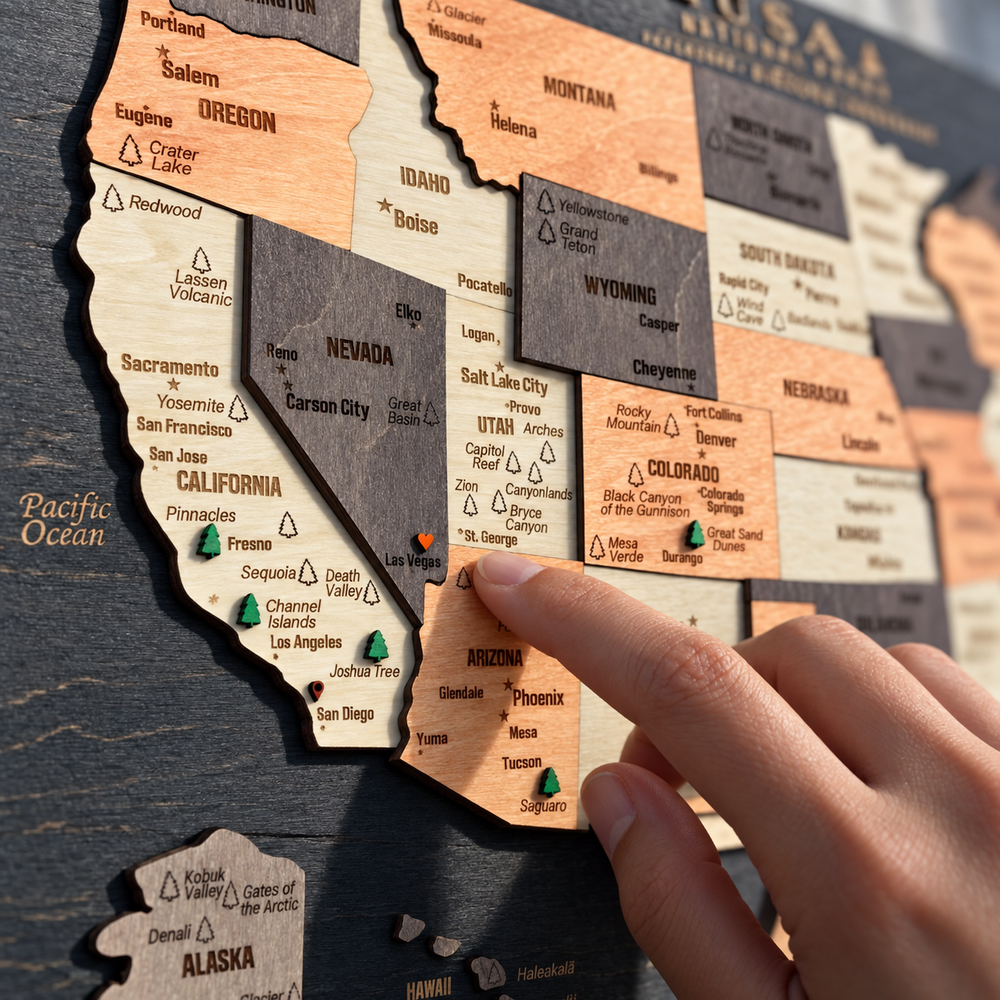 3D Wooden National Parks Map Wall Art