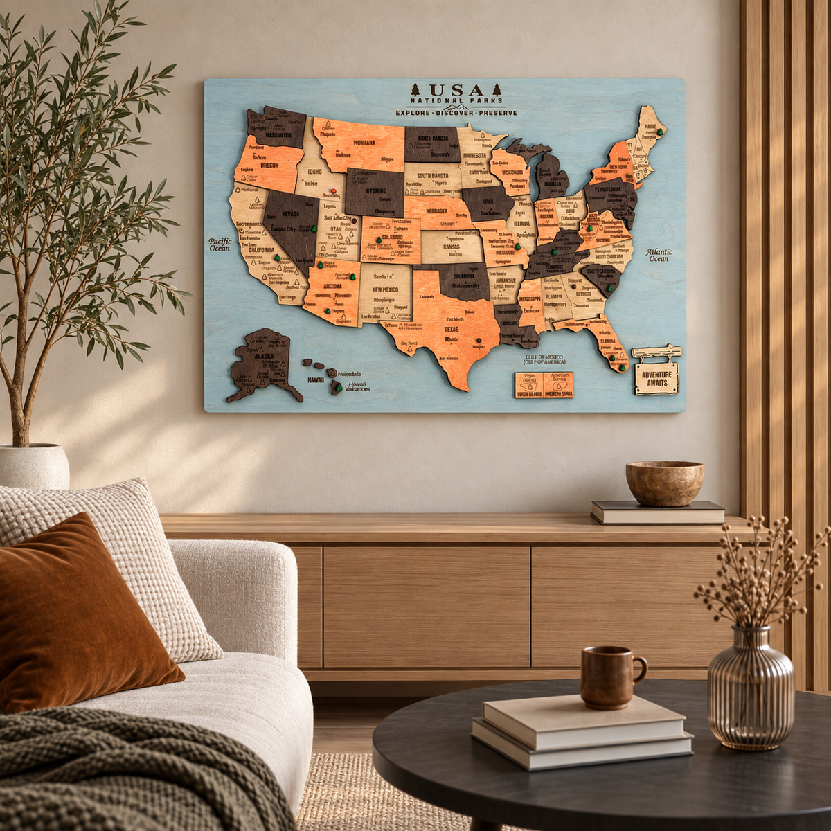 3D Wooden National Parks Map Wall Art