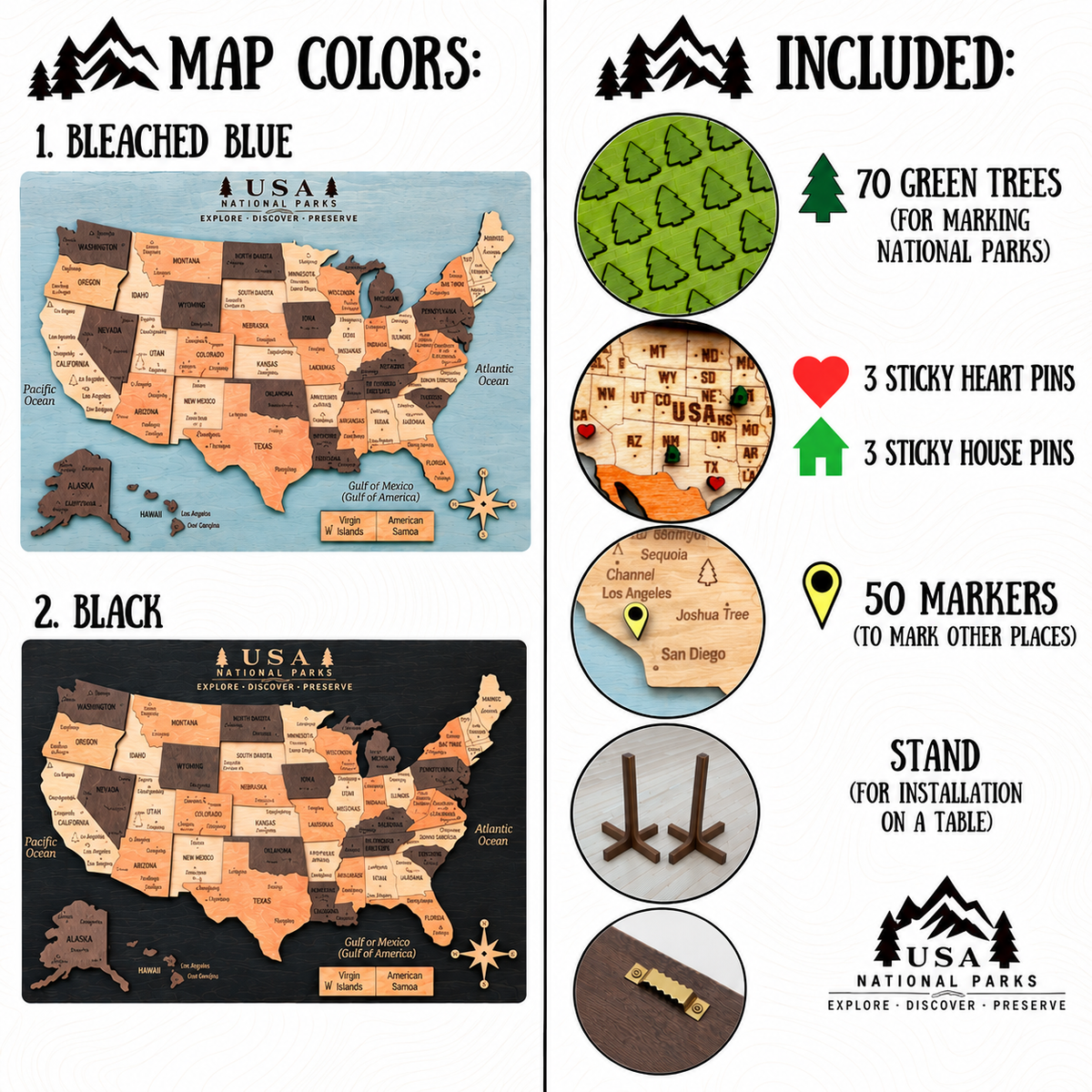 3D Wooden National Parks Map Wall Art