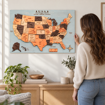 3D Wooden National Parks Map Wall Art
