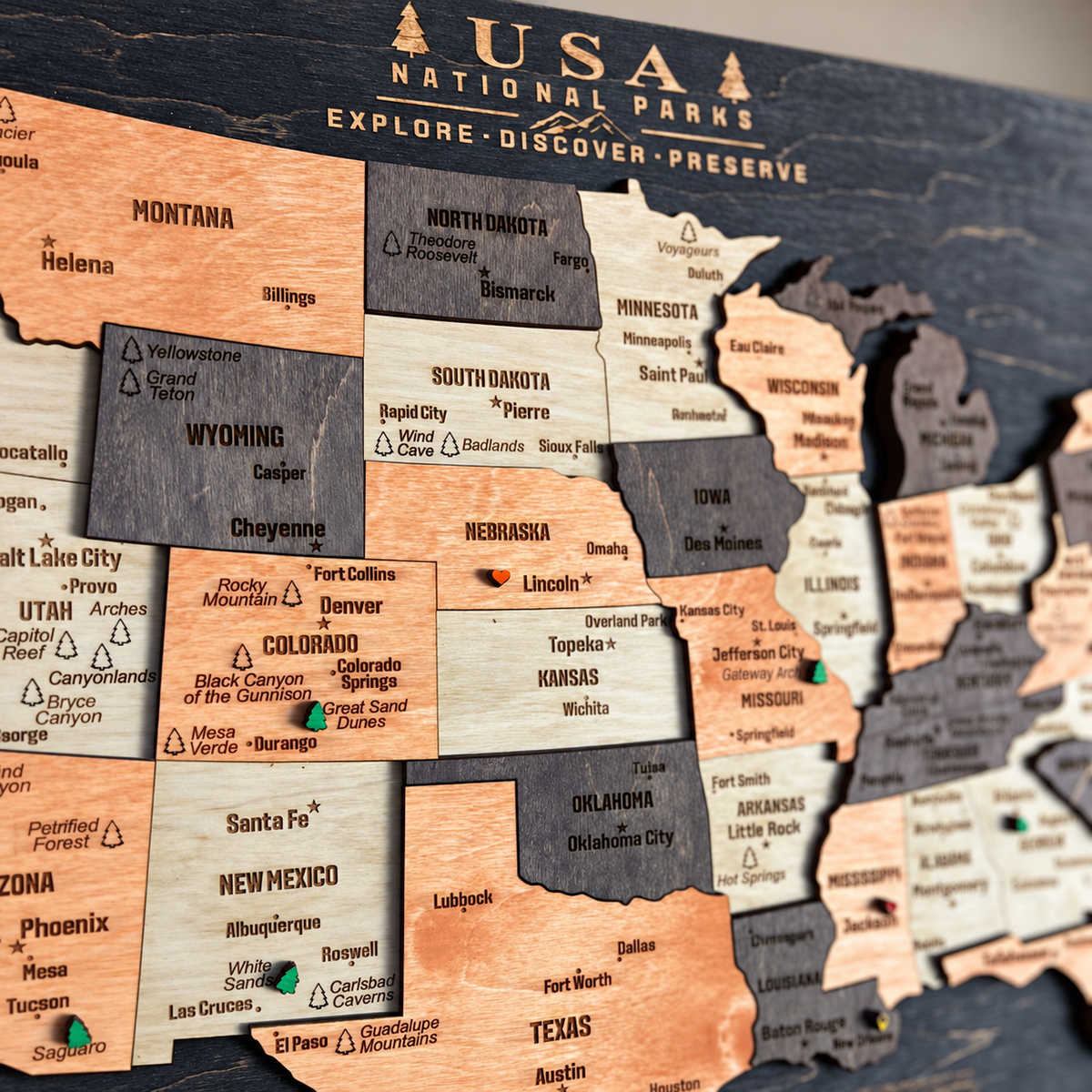 3D Wooden National Parks Map Wall Art