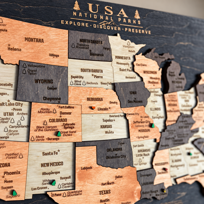 3D Wooden National Parks Map Wall Art