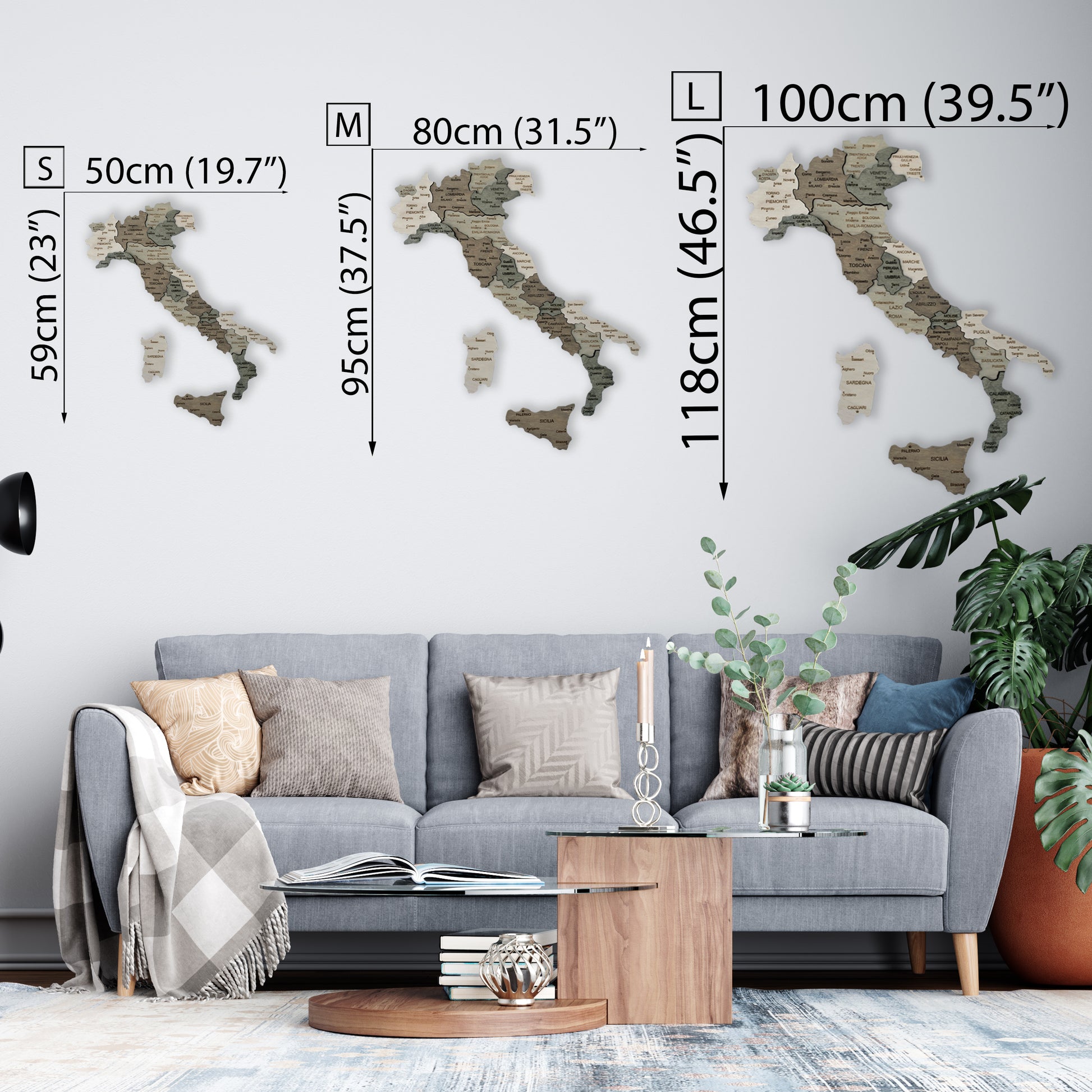 Wooden Map of Italy sizes