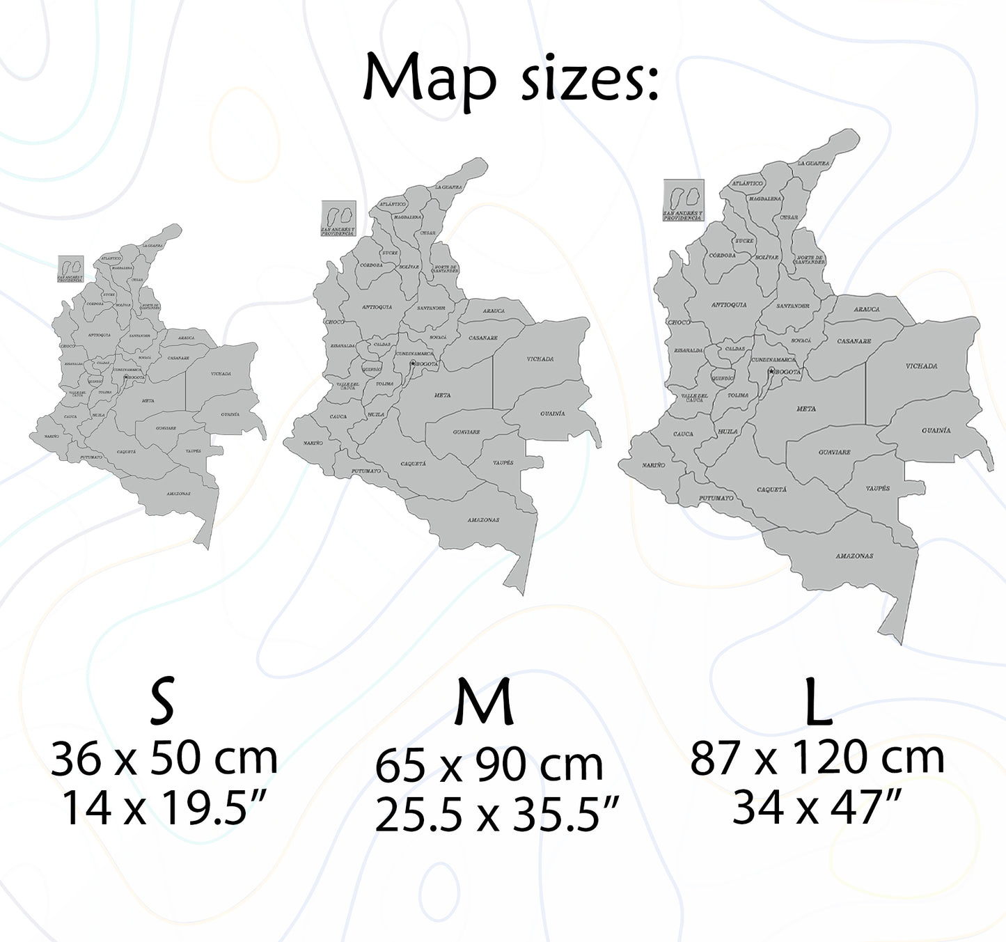 Wooden Map of Colombia sizes