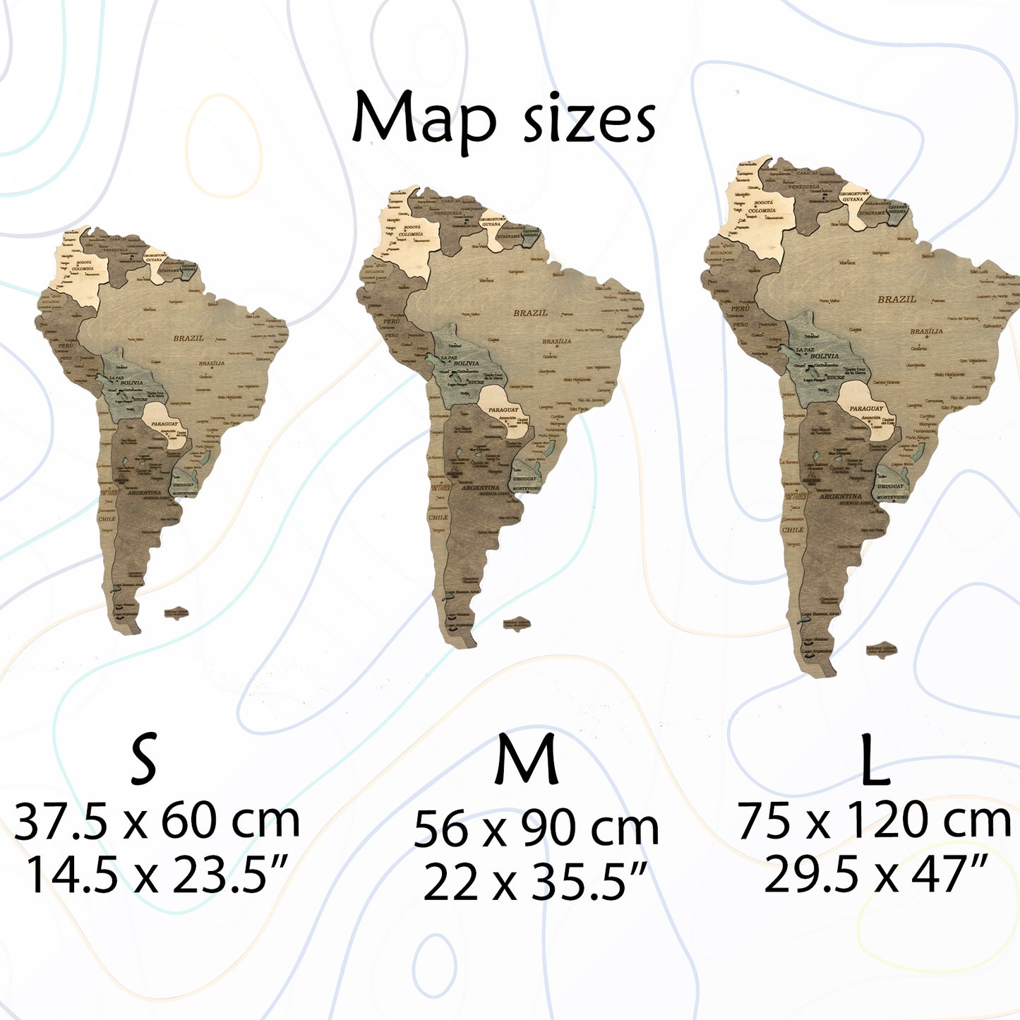 Wooden Map of South America sizes