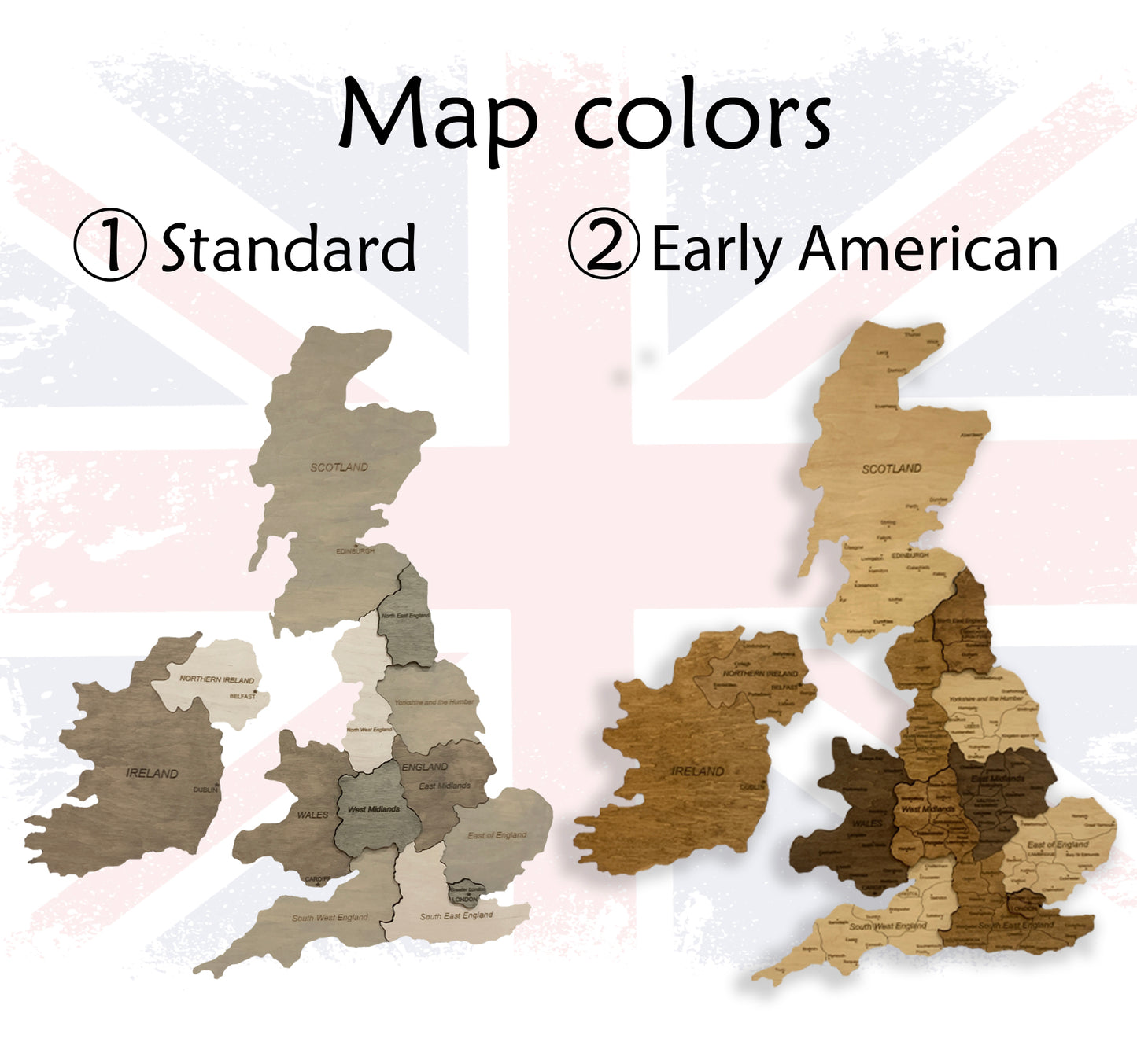 Wooden United Kingdom and Ireland Map colors