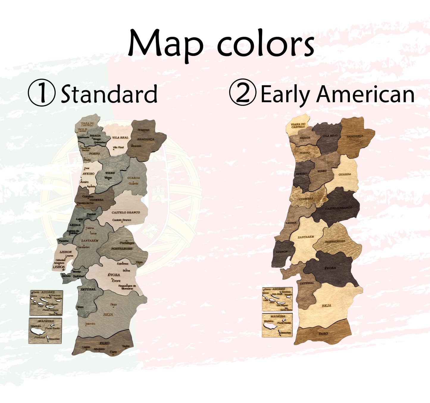 Wooden Map of Portugal colors