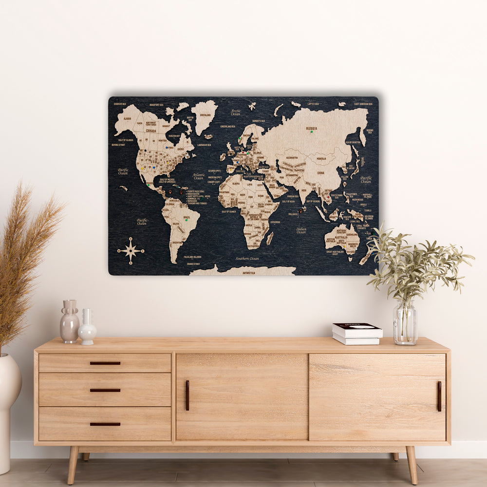 Wooden world map wall art