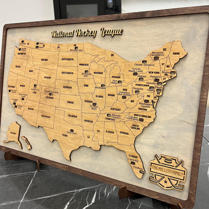 Push Pin NHL Team Wooden Map