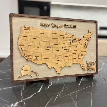 Push Pin Baseball Wooden Map