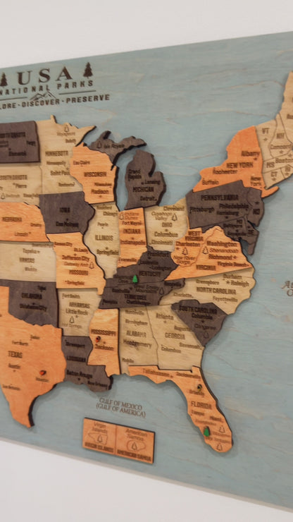 3D Wooden National Parks Map Wall Art